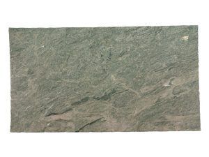 Close-up of a gray-green textured stone slab with subtle natural veining.