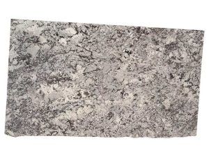 Close-up of a gray speckled granite slab with a rough, irregular edge