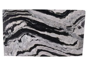 Black and white wavy marble pattern with layered, flowing stripes