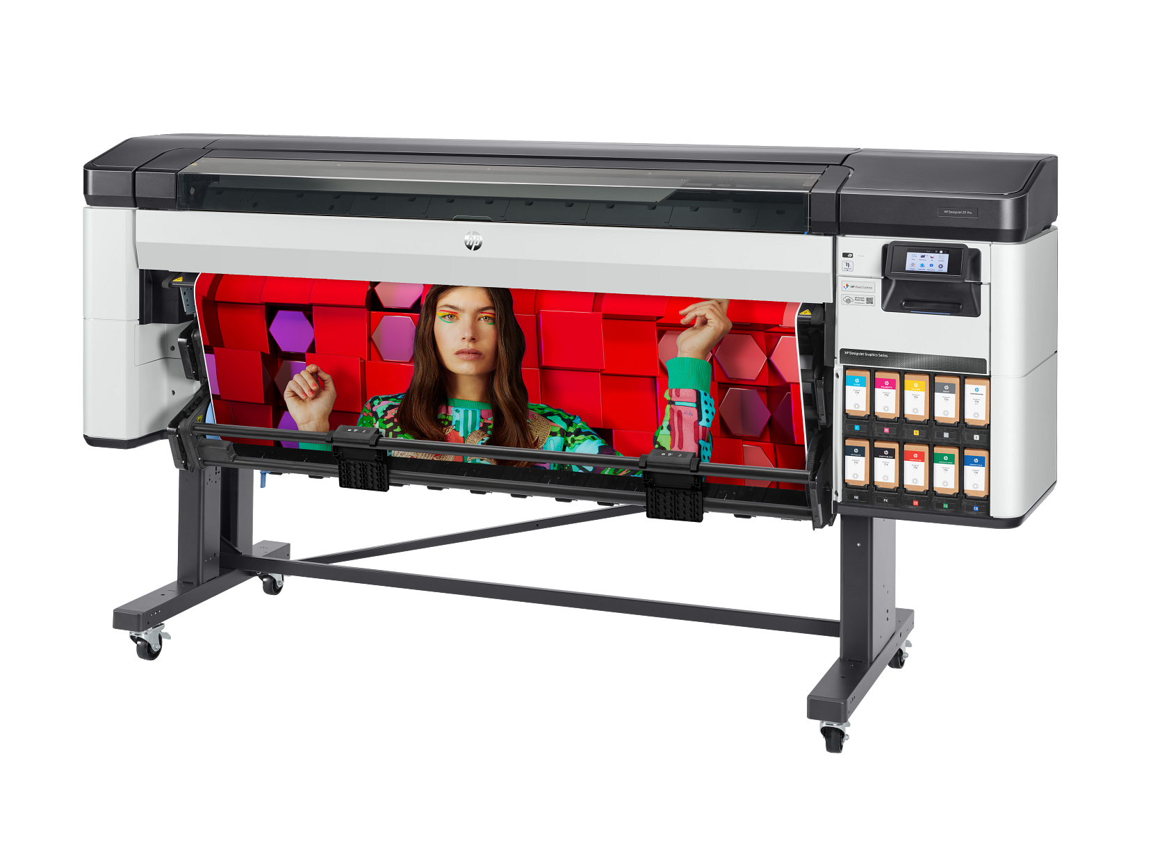 Large-format printer displaying a vibrant print with a woman on it, on a stand with ink cartridges visible.