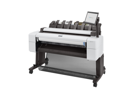 Large-format white printer on a dark stand with multiple roll holders; used for printing large documents.