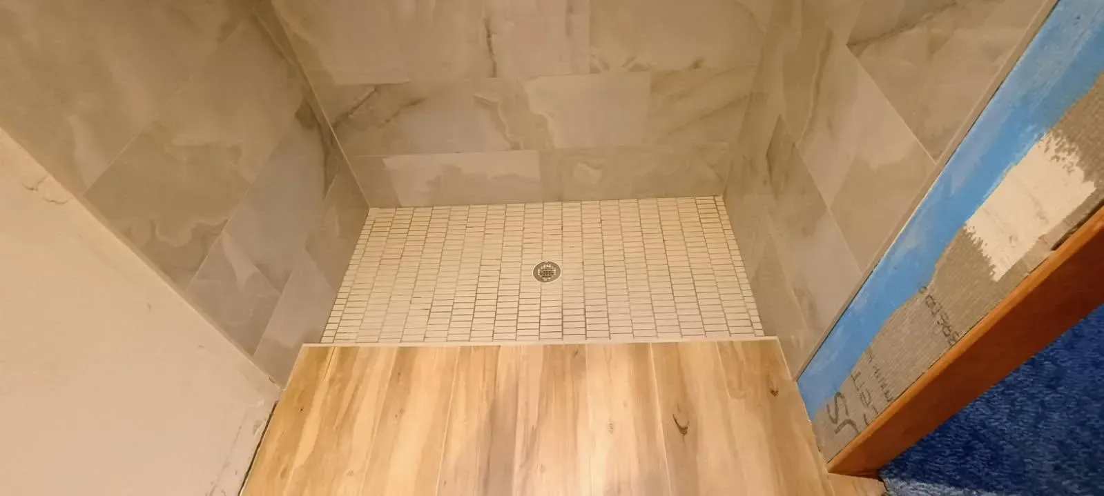 Shower stall with wood-look floor, mosaic tile shower base, and light gray wall tiles.