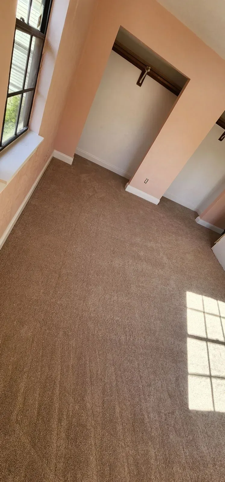 Room with brown speckled flooring, peach-colored walls, white trim, and two windows.