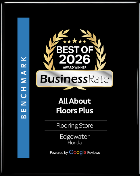 Best of 2026 award plaque for All About Floors Plus, a flooring store in Edgewater, Florida, rated by Google Reviews.