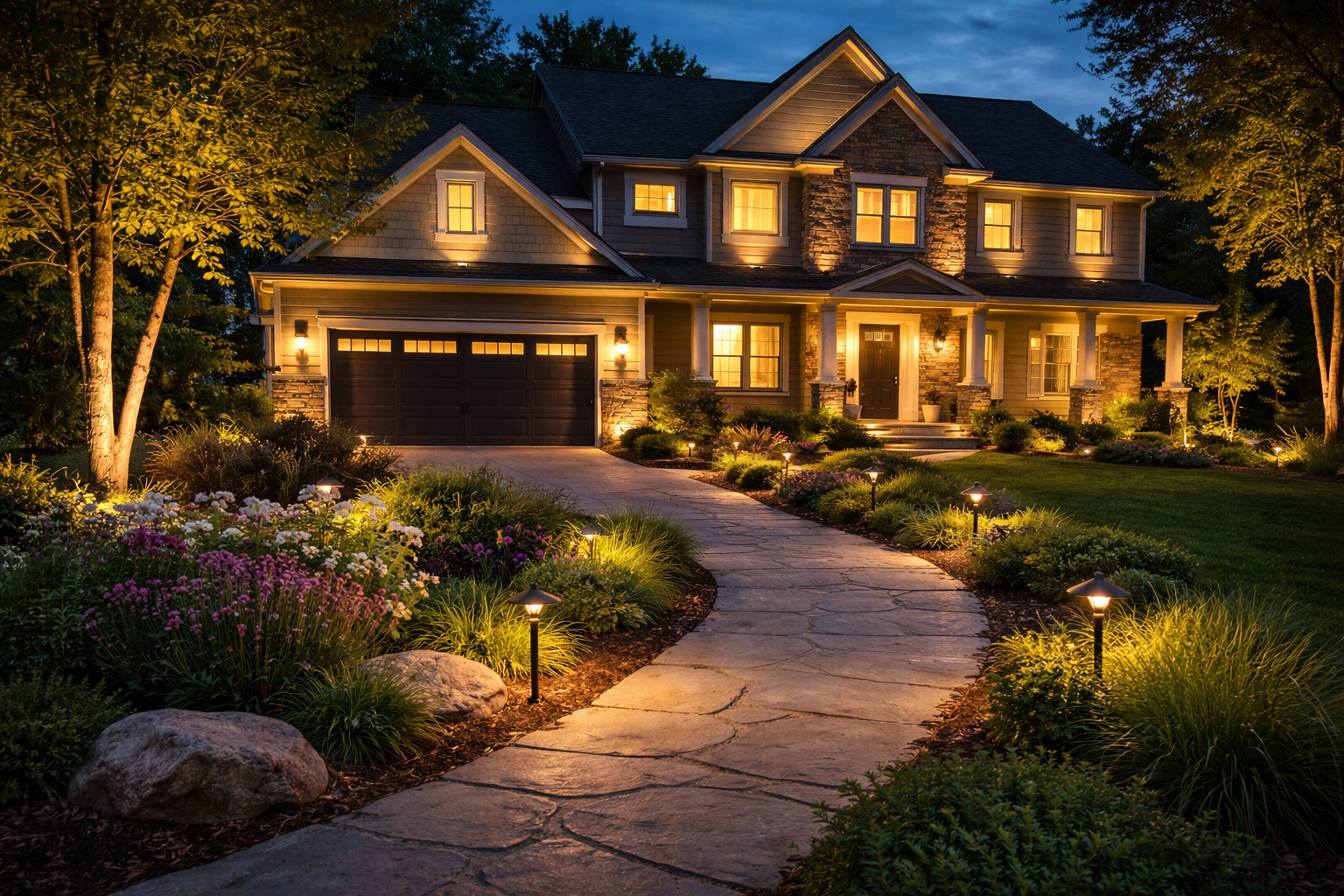 Lit-up house at night with stone pathway, garden, and driveway.
