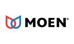 Logo of Moen, featuring two overlapping water droplets (red and blue) with