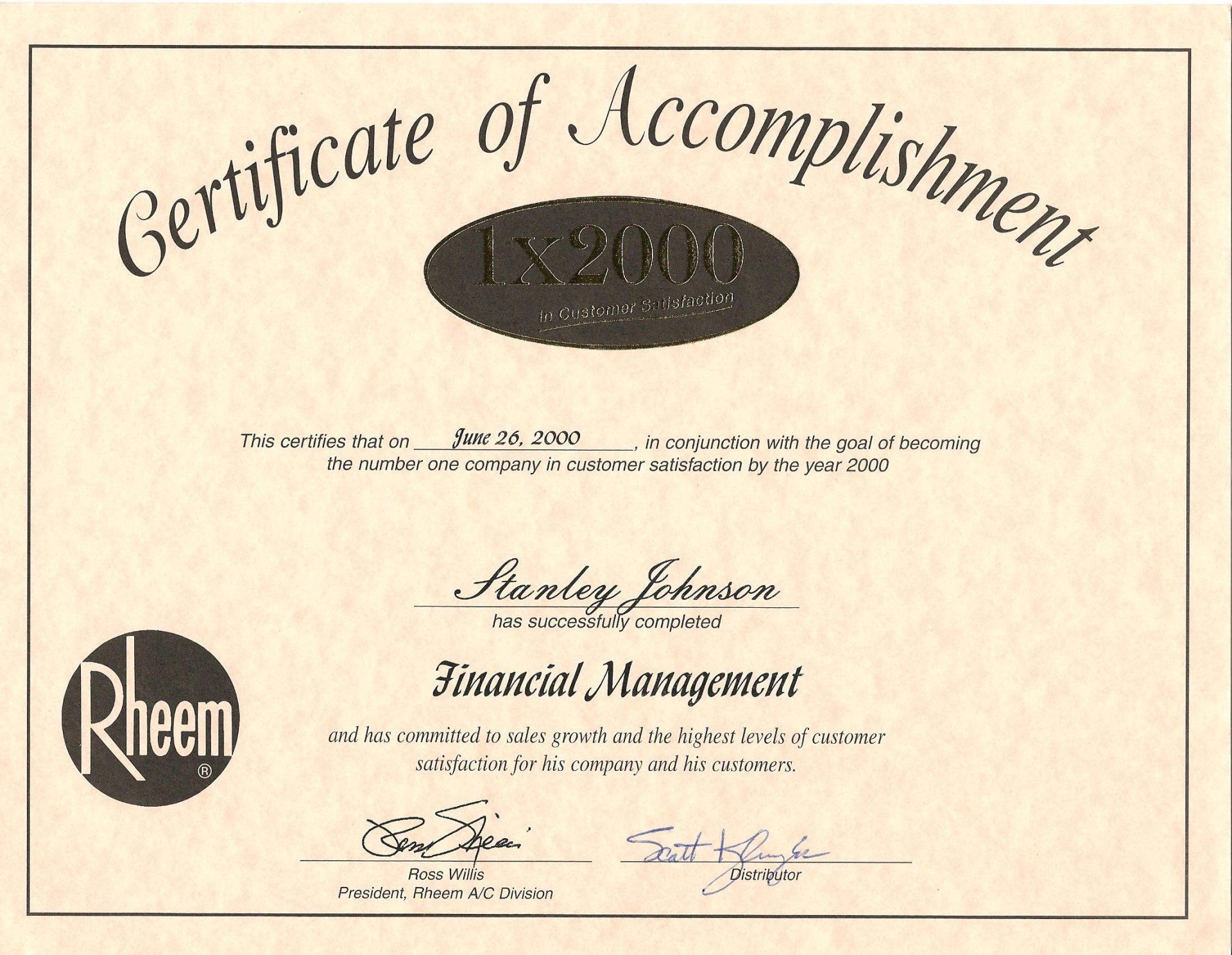 2000 Rheem Certificate of Accomplishment-Financial Management