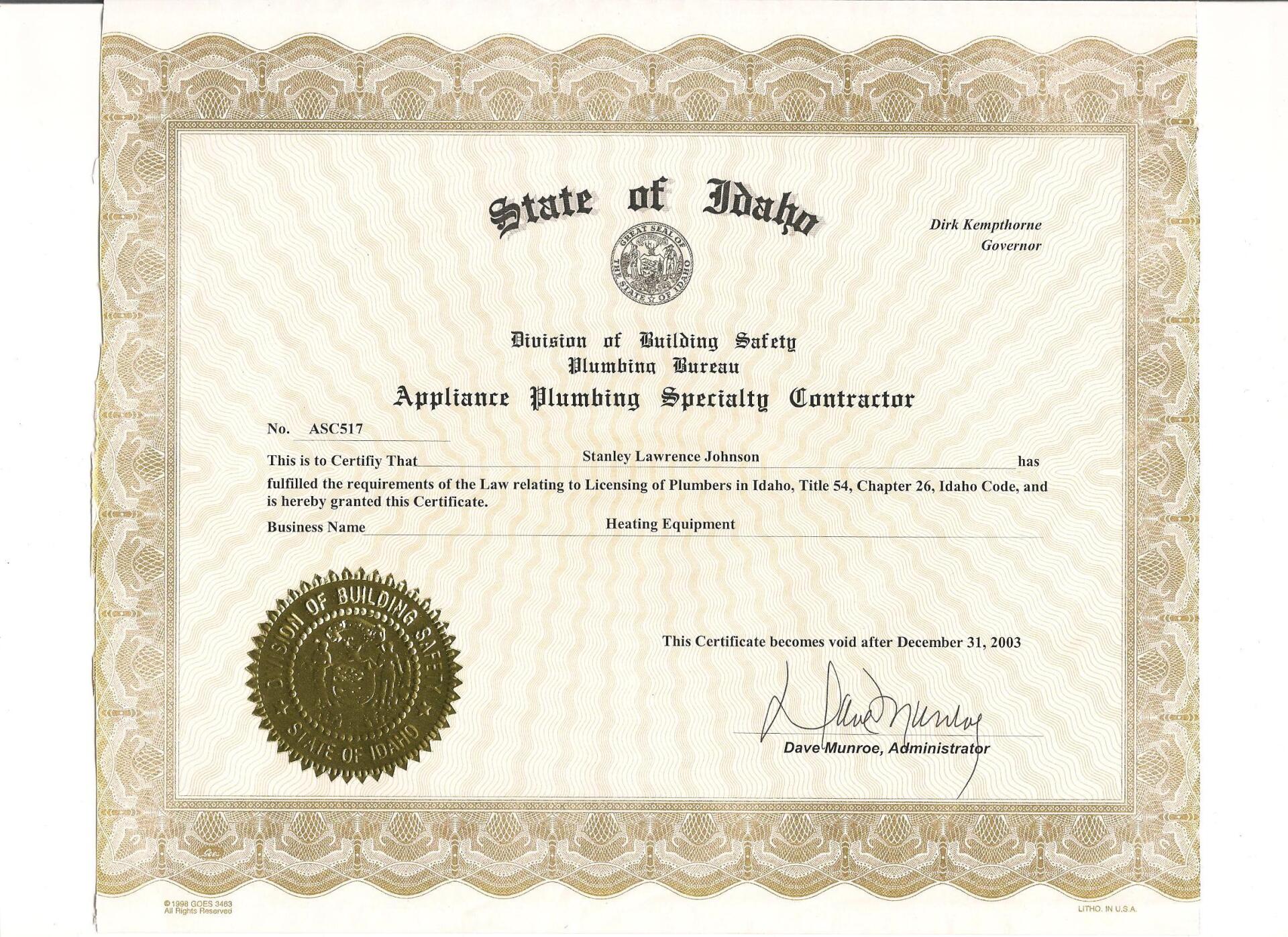 State of Idaho Appliance Plumbing Specialty Contractor