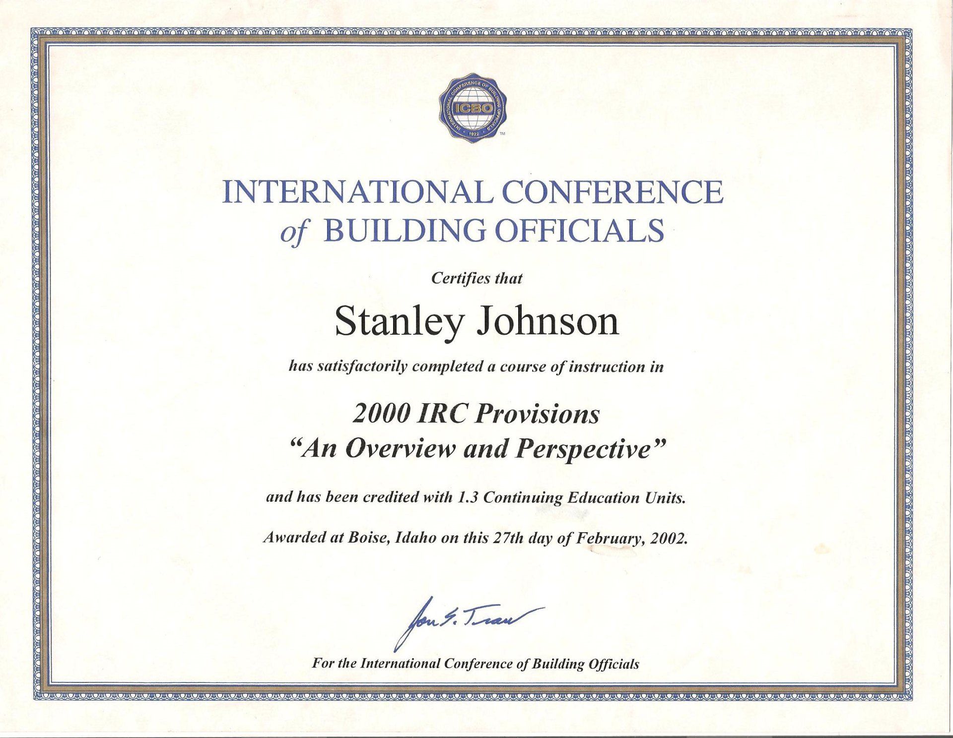 2002 IRC (2000-International Residential Code) certificate
