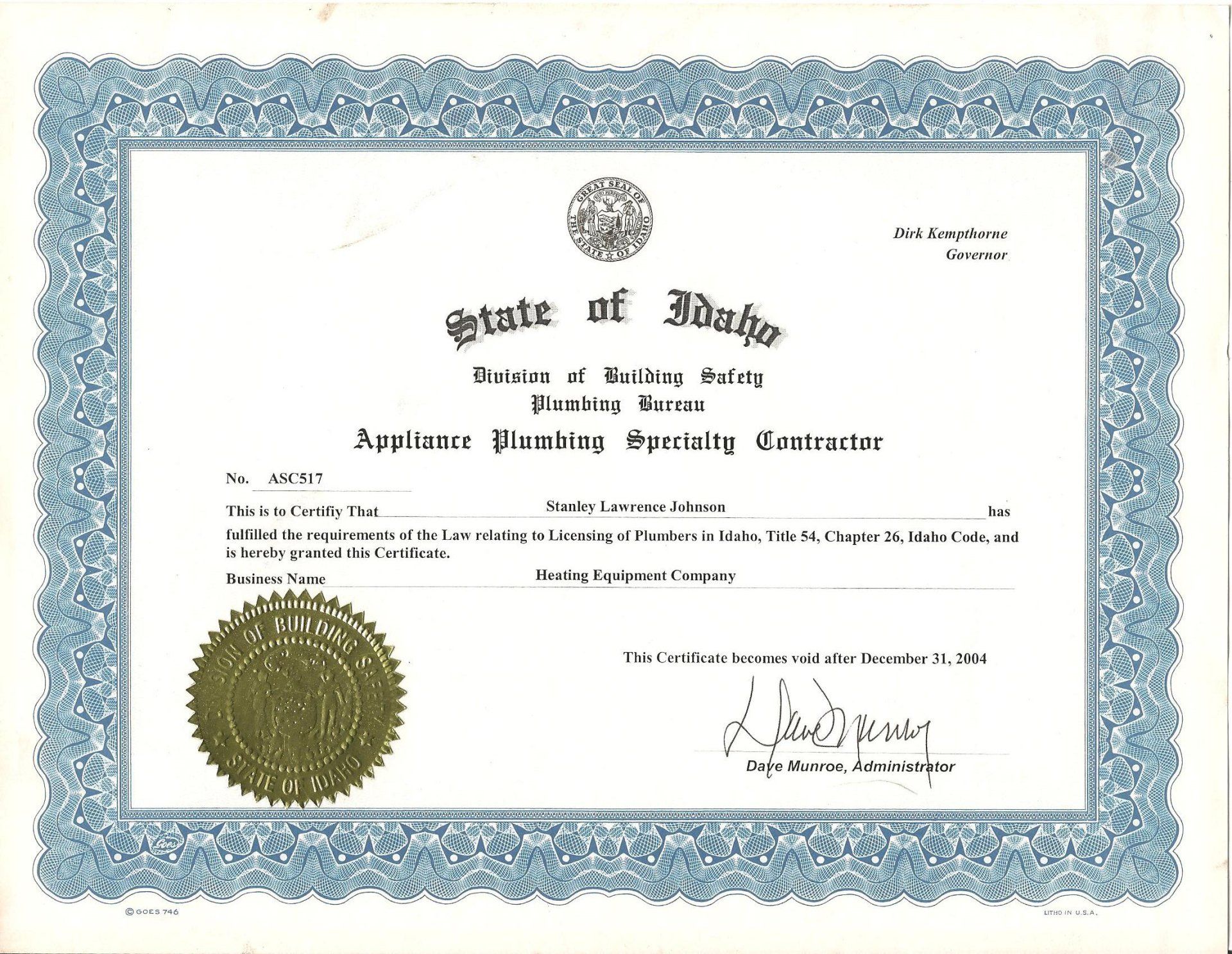 State of Idaho Appliance Plumbing Specialty Contractor license