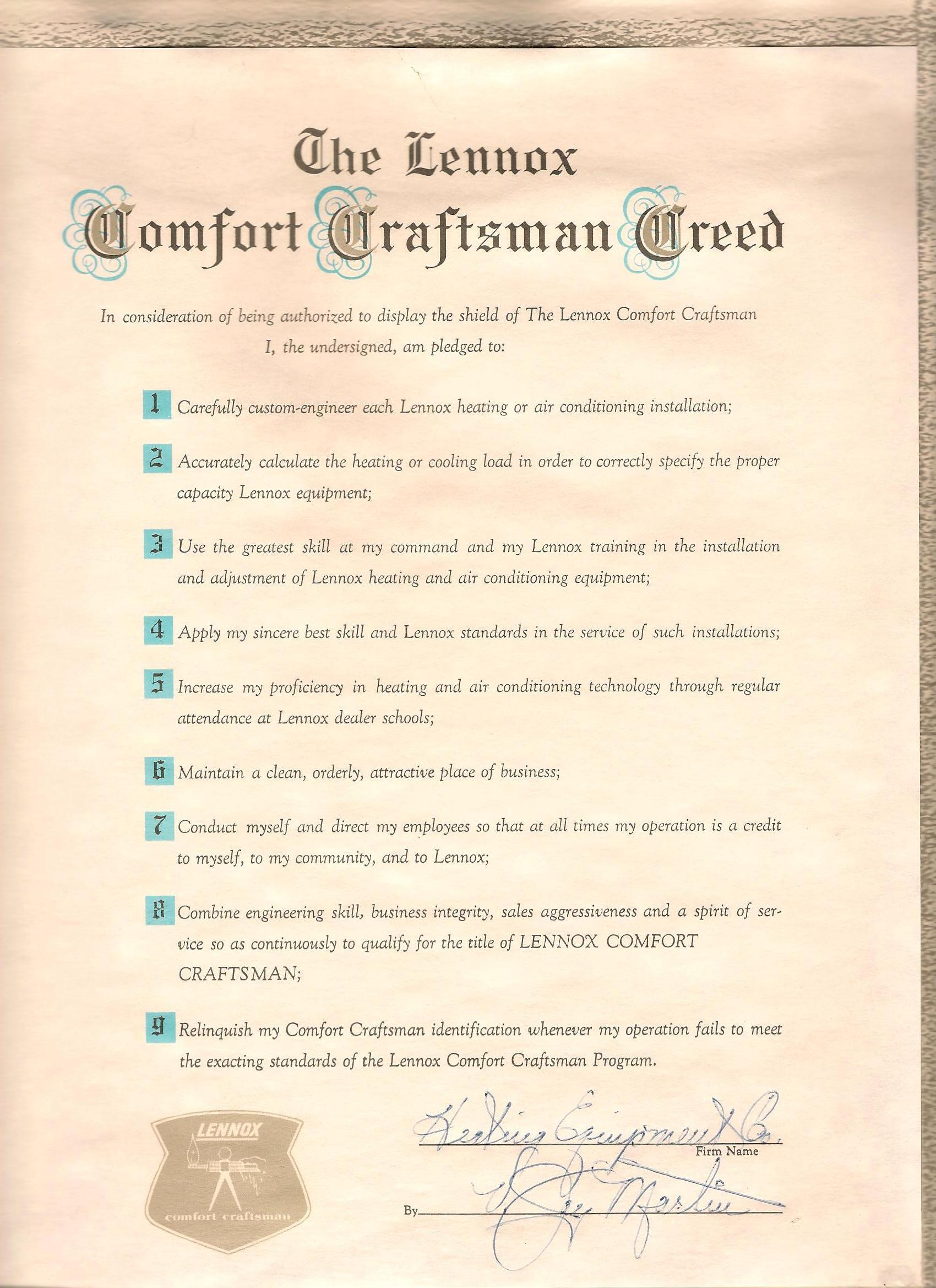 Lennox Comfort Craftsman Creed