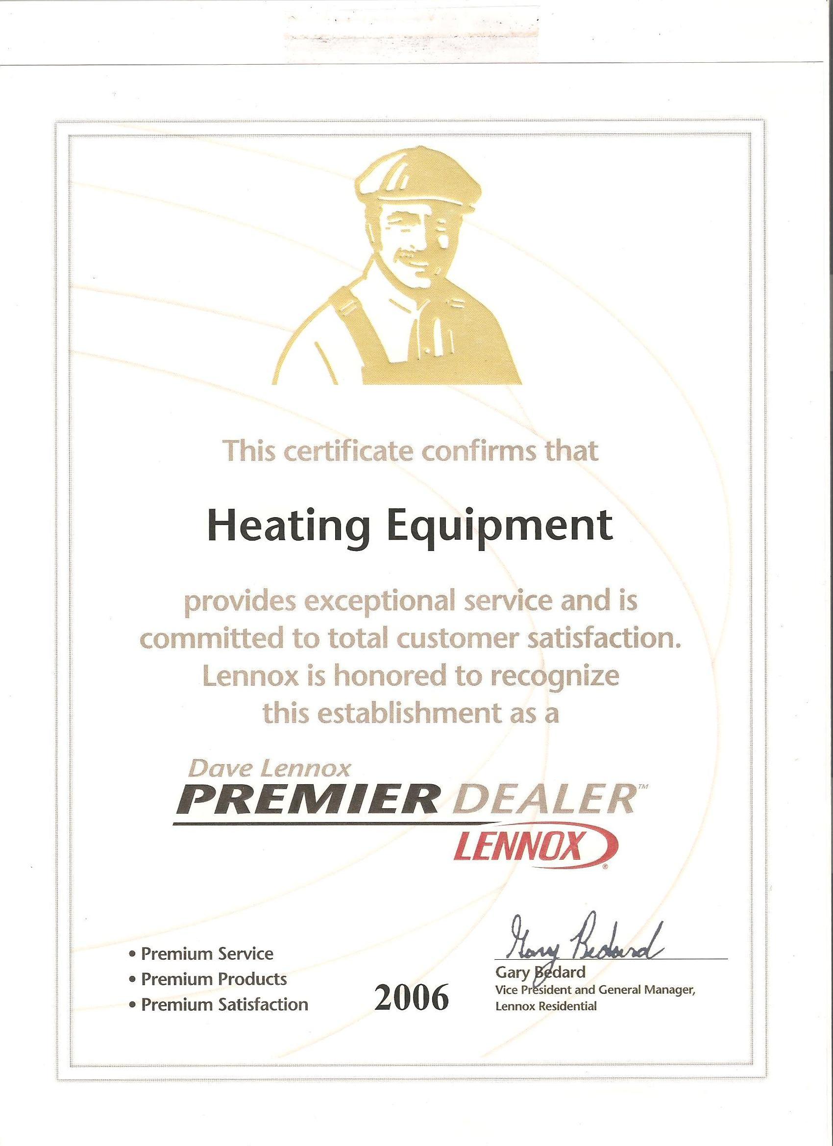 2006 Lennox Premier Dealer certificate