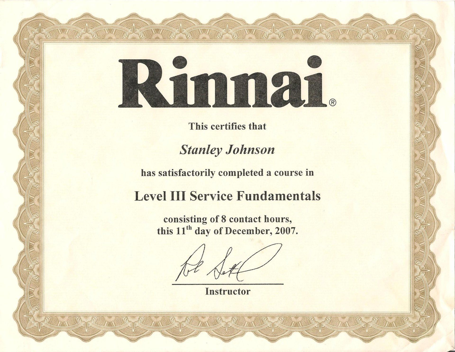 2007 Rinnai Level III Service Fundamentals certificate