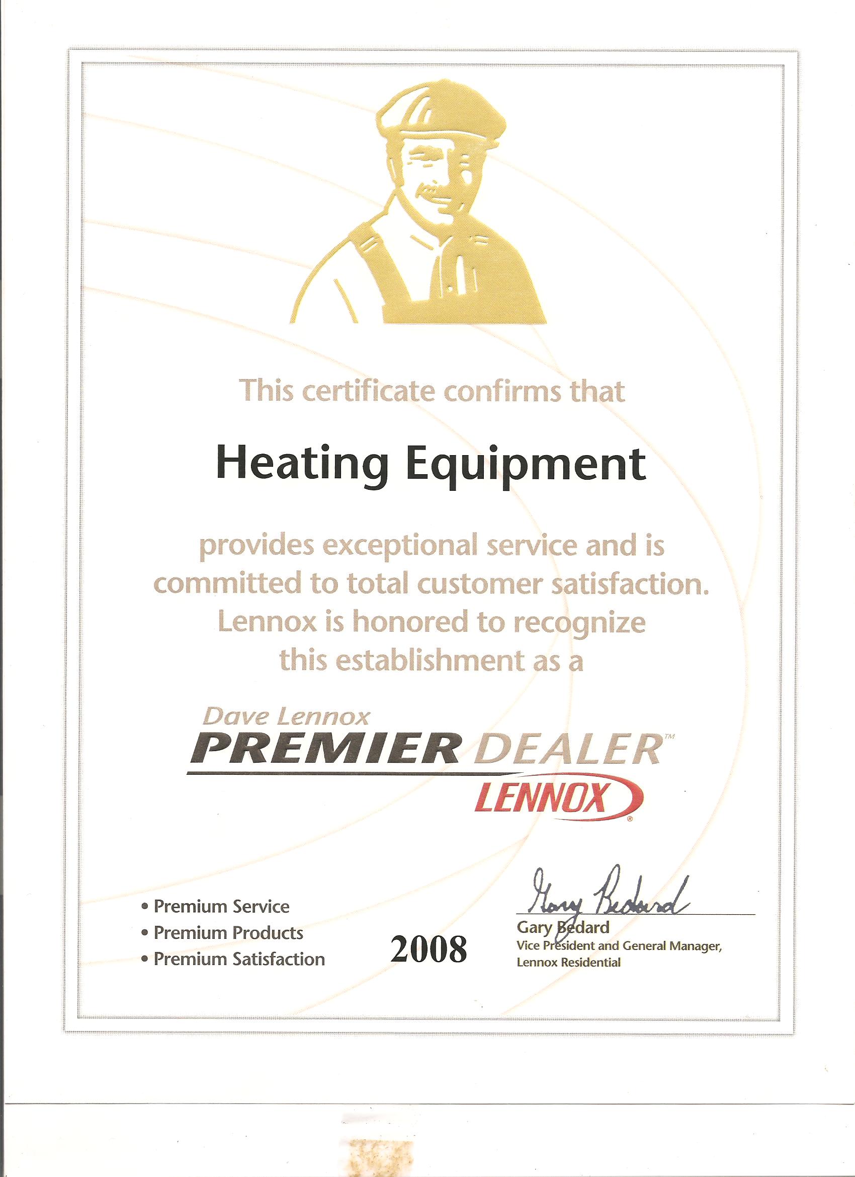 2008 Lennox Premier Dealer certificate