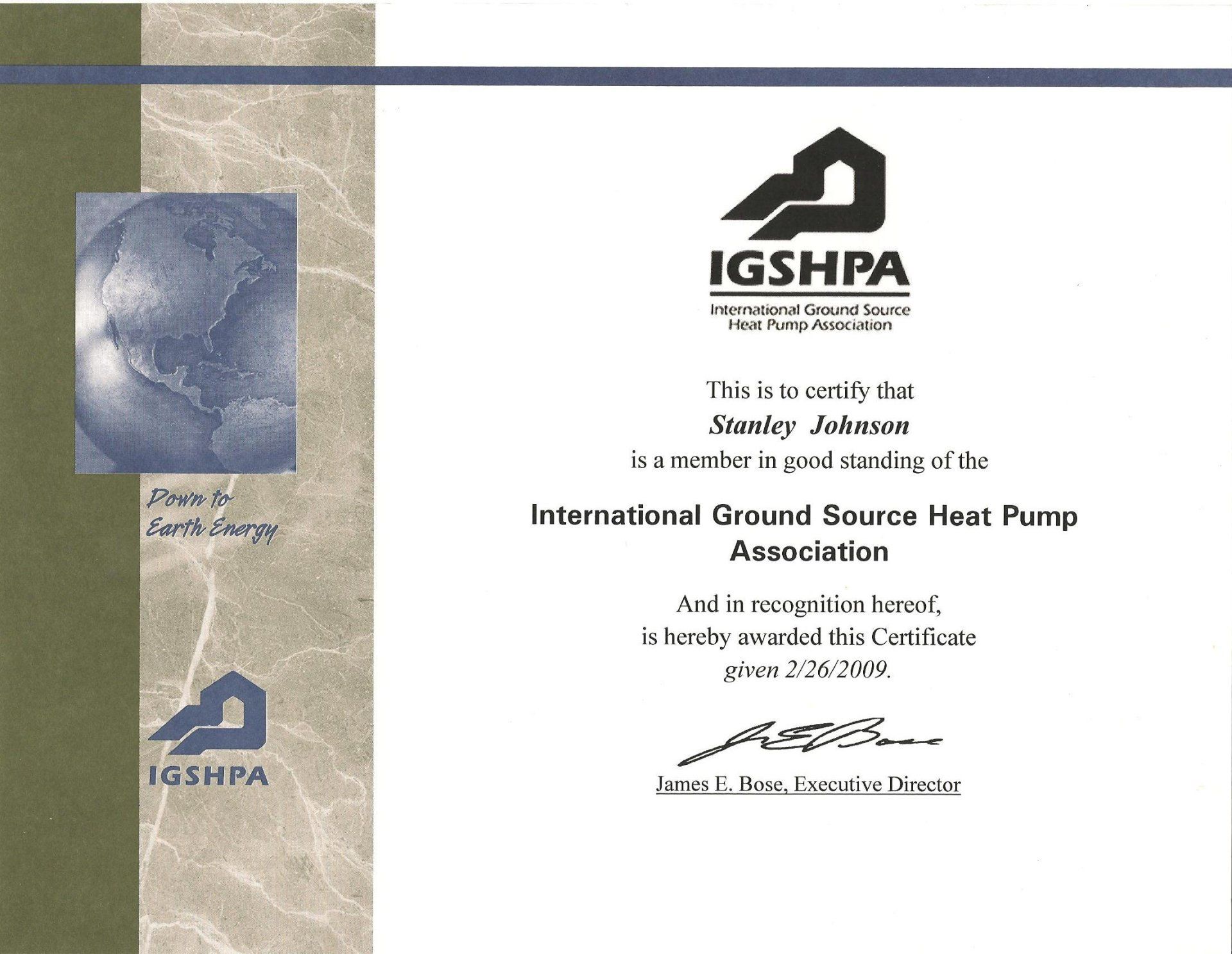 2009 IGSHPA (International Ground Source Heat Pump Association) certificate. 2009