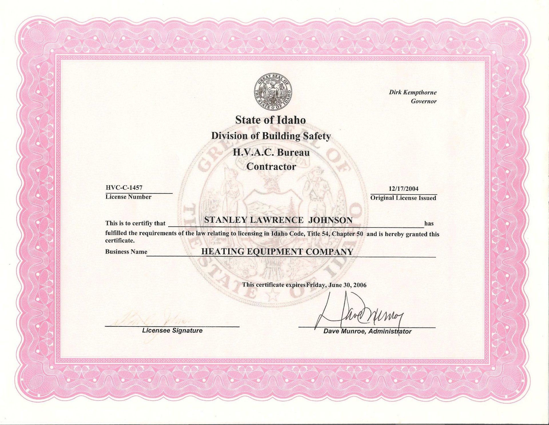 State of Idaho HVAC Contractor license