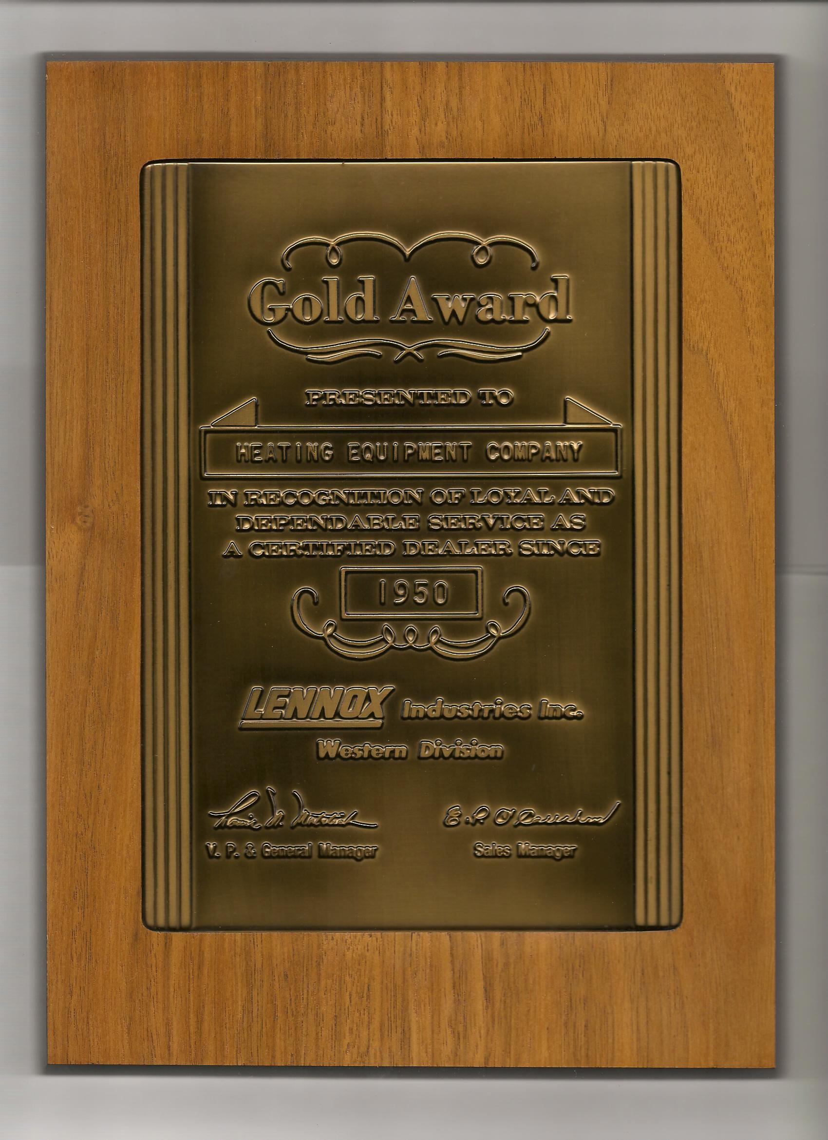 1950 Lennox Gold Award