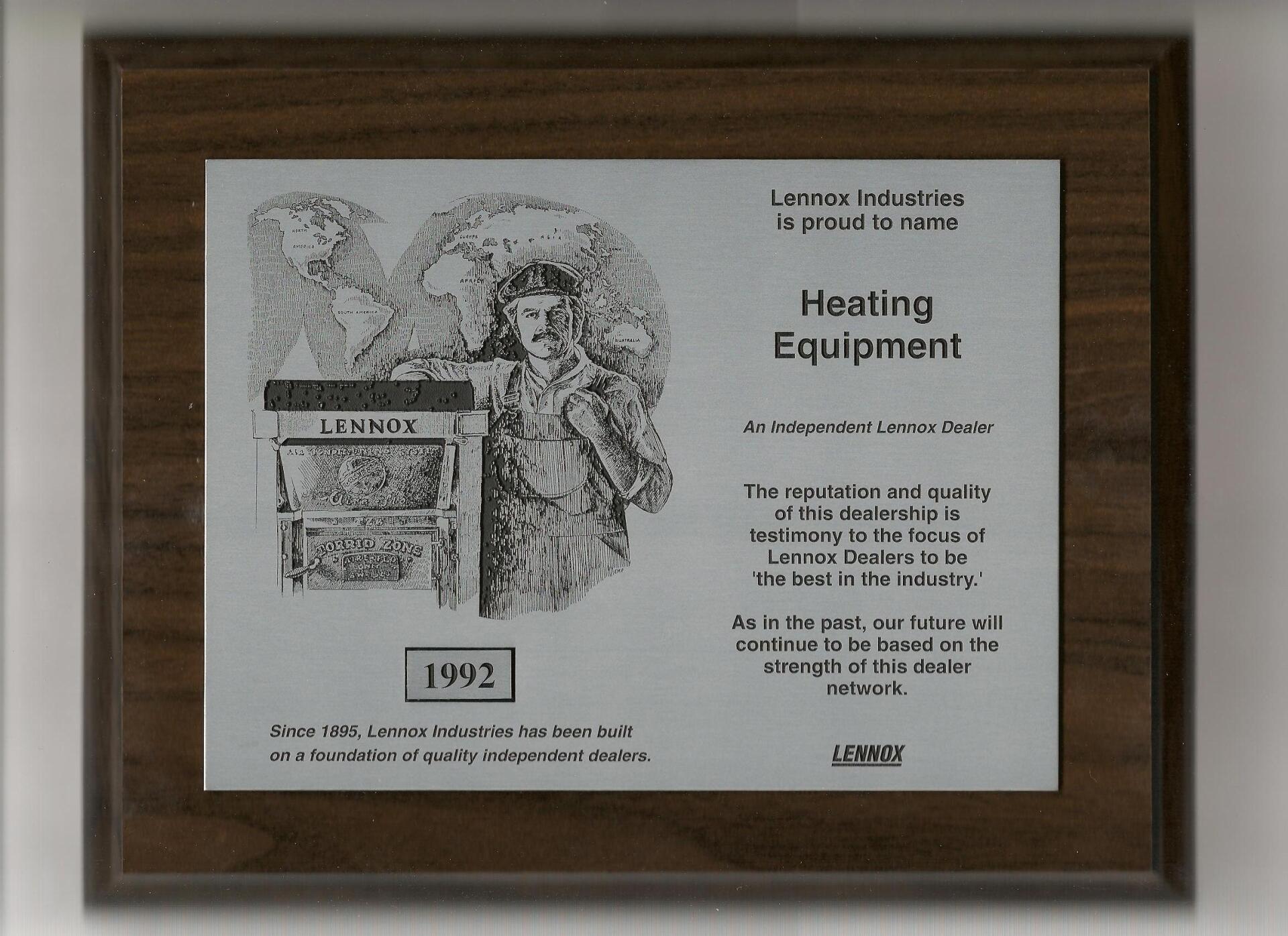 1992 Lennox Independent Dealer Award