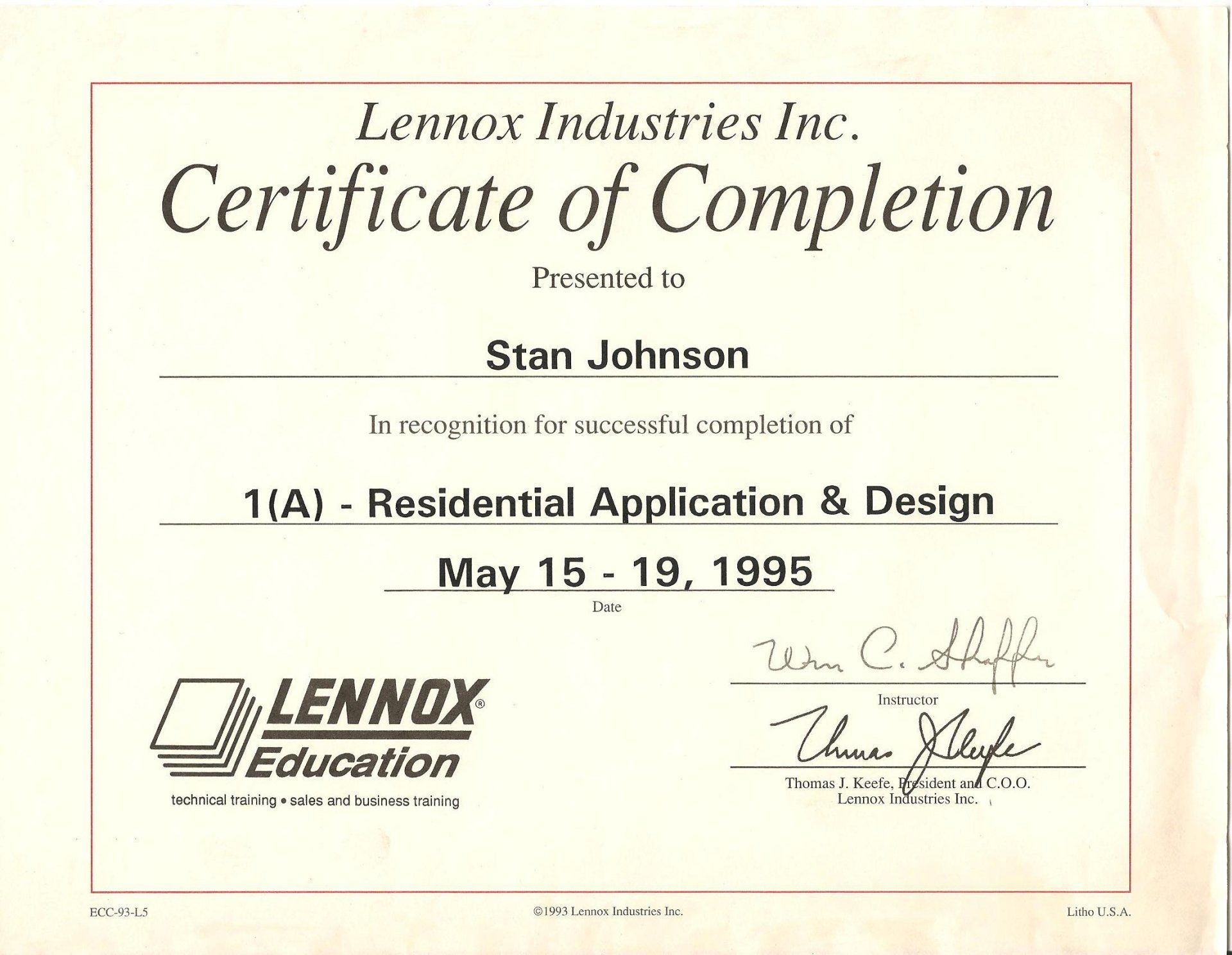 1995 Lennox Residential Application & Design Certificate