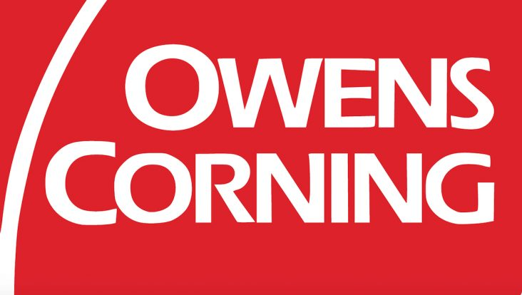 Owens Corning logo on a red background with a white, curved line. The text is white.