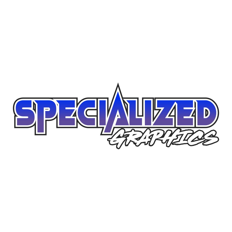 Logo for Specialized Graphics in blue and purple with a white and black outline.