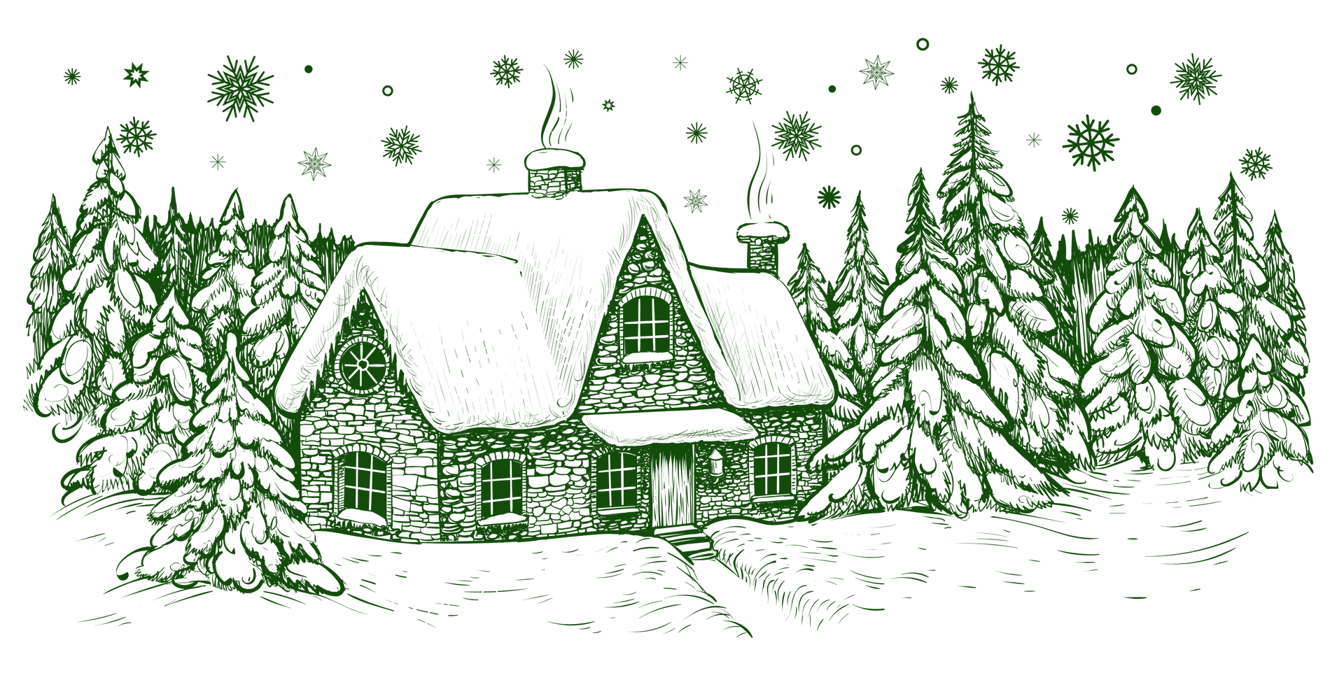 A snowy cottage in a forest, with falling snowflakes.