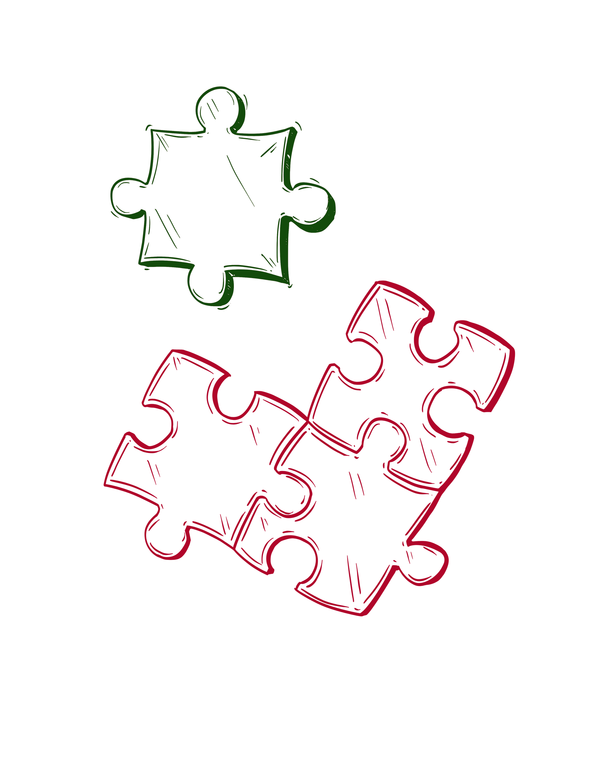 Green and red puzzle pieces, two connected, one separate.