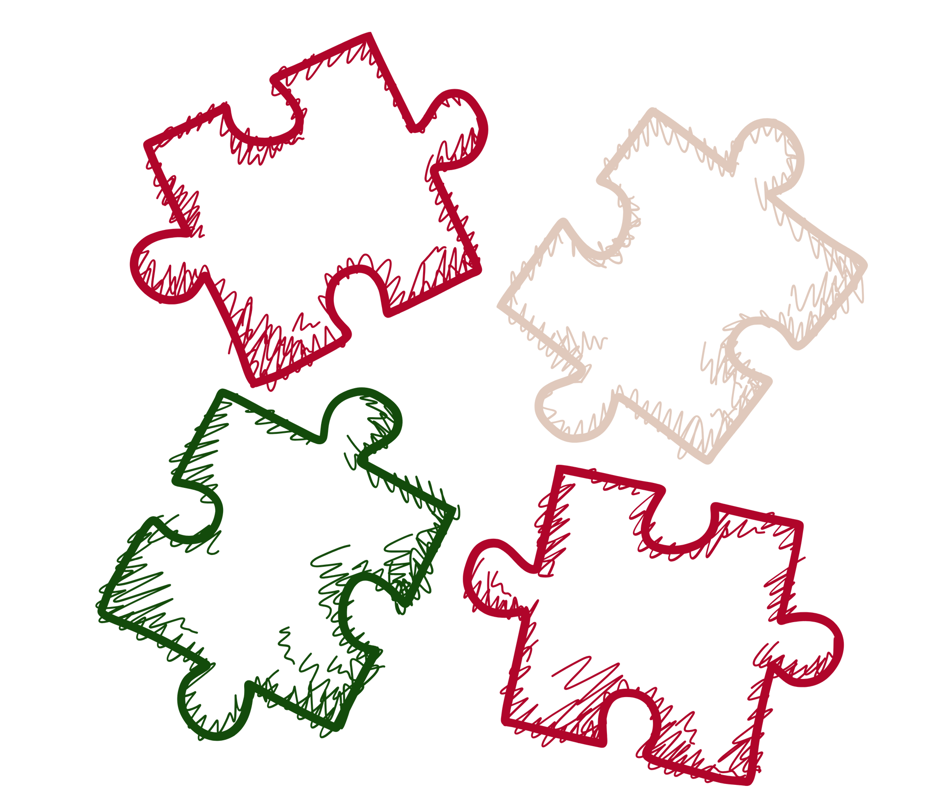 Four puzzle pieces: two red, one green, and one off-white, each with a scribbled texture.