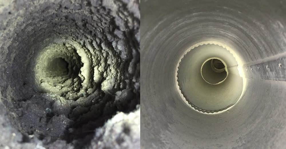A before and after picture of a dirty duct and a clean duct.