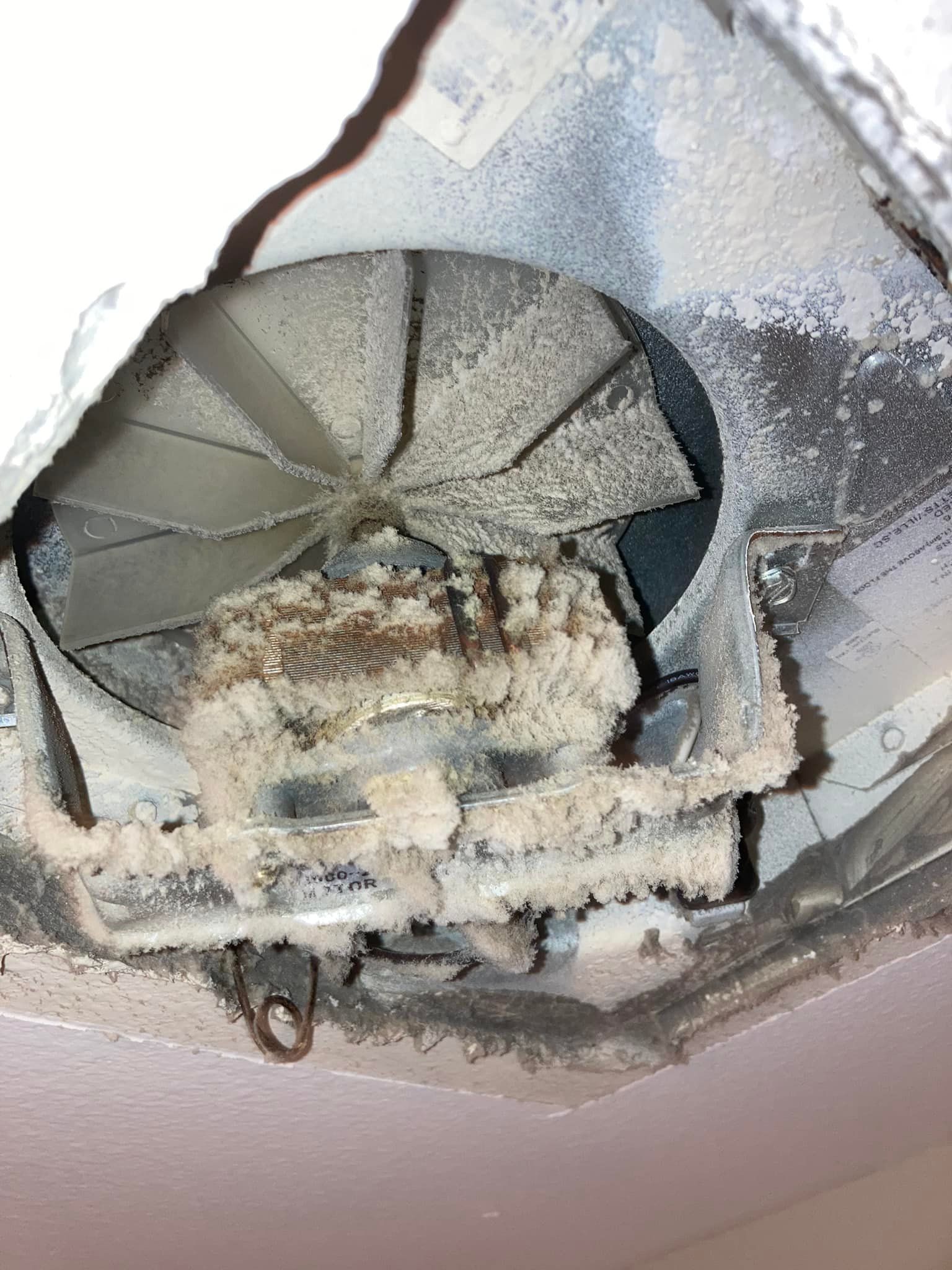 A close up of a dirty fan on a ceiling.