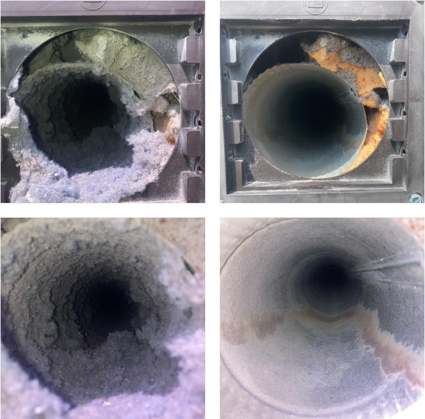 A collage of four pictures showing a dirty duct and a clean duct