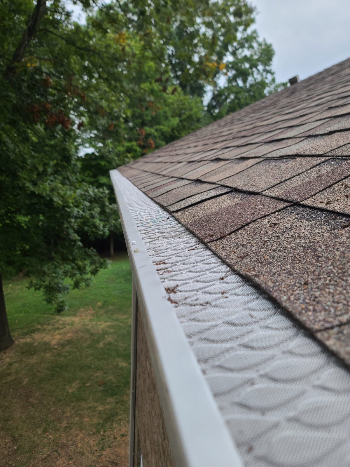 Close-up of a white metal gutter guard installed on a residential roof edge with asphalt shingles.