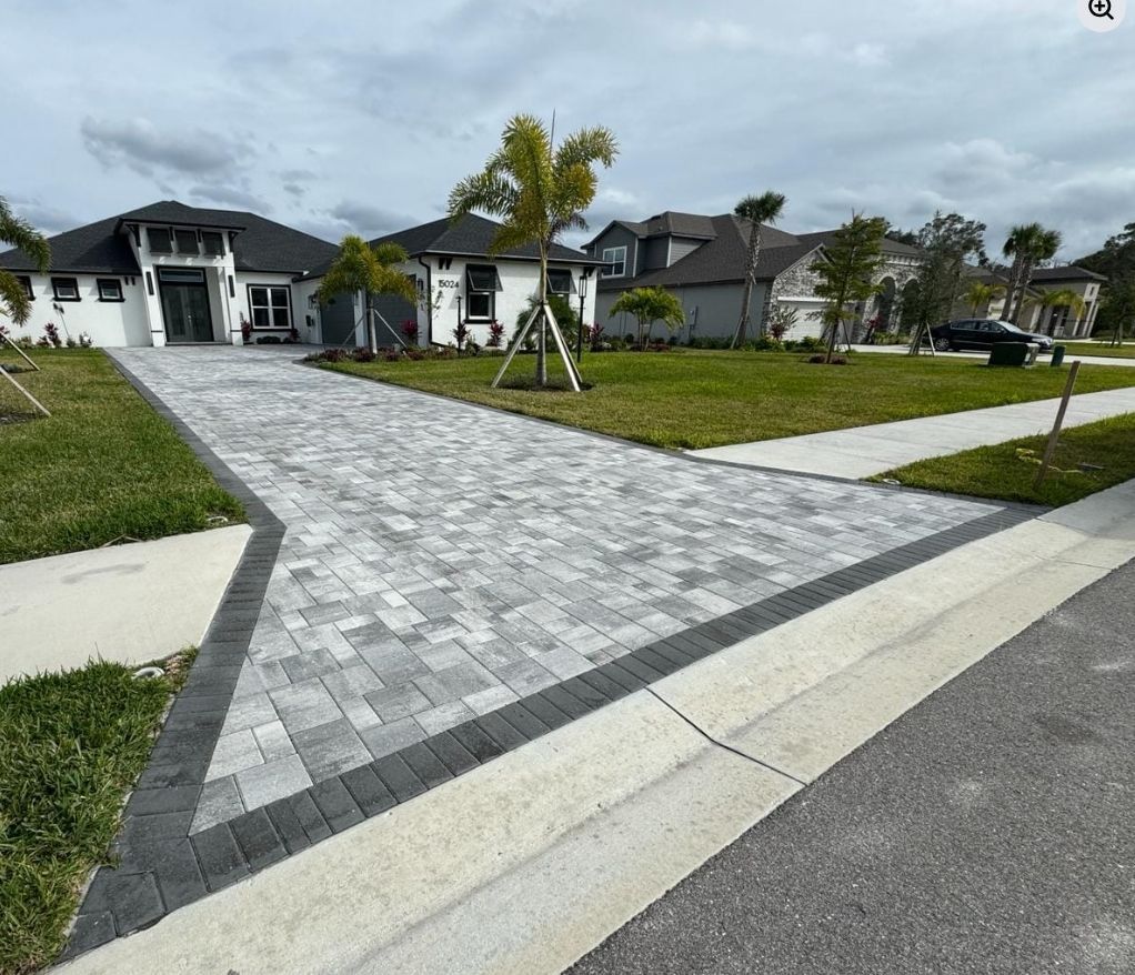 New suburban homes with a gray paver driveway, green lawns, and a young palm tree under cloudy skies