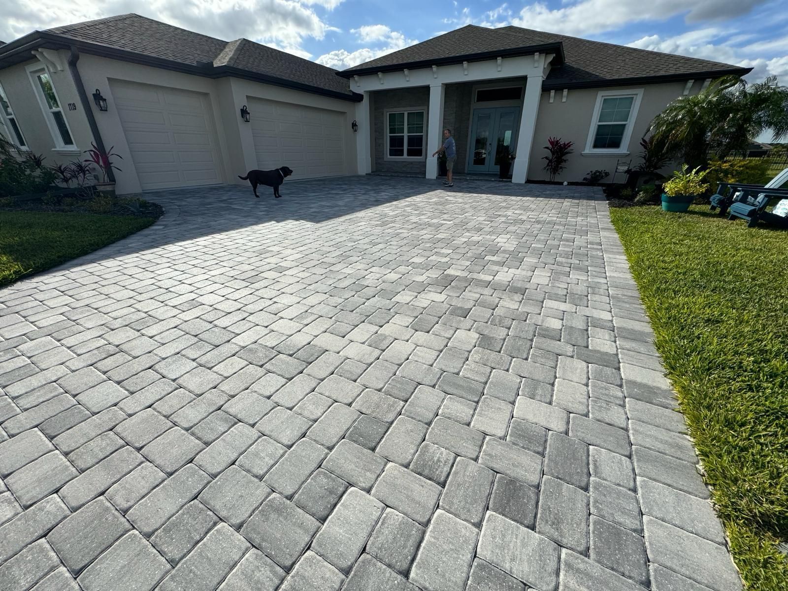 Modern house with a paver driveway, attached garage, and a black dog standing near the front entry.