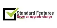 Logo reading “Standard Features” with a green checkmark and the tagline “Never an upgrade charge.”