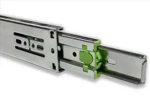 Metallic drawer slide with a green locking clip on a white background
