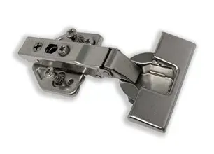 Silver cabinet hinge on a metal mounting plate, shown open against a white background