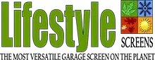 Lifestyle garage screen logo with green text and colorful square icon, tagline “The most versatile garage screen on the planet”