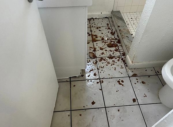 Dirty bathroom floor with scattered debris near a toilet and cabinet.