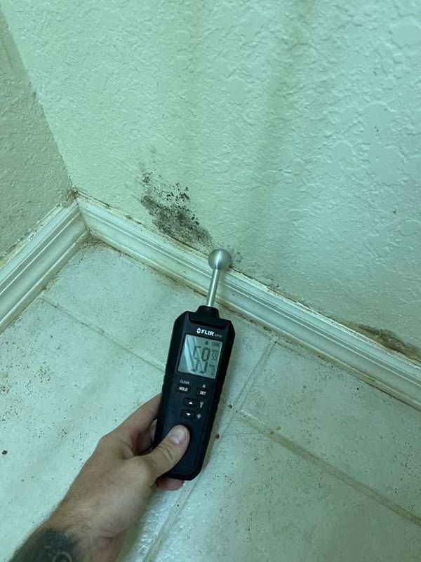 Handheld moisture meter testing a moldy wall corner above white tile flooring