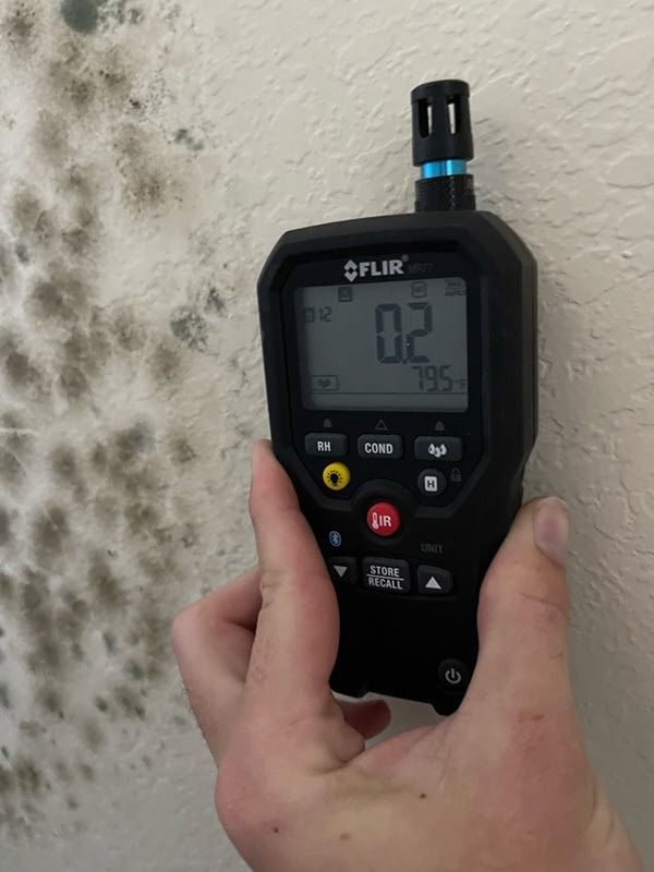 Hand holding a FLIR moisture meter against a moldy wall, showing a reading of 02.