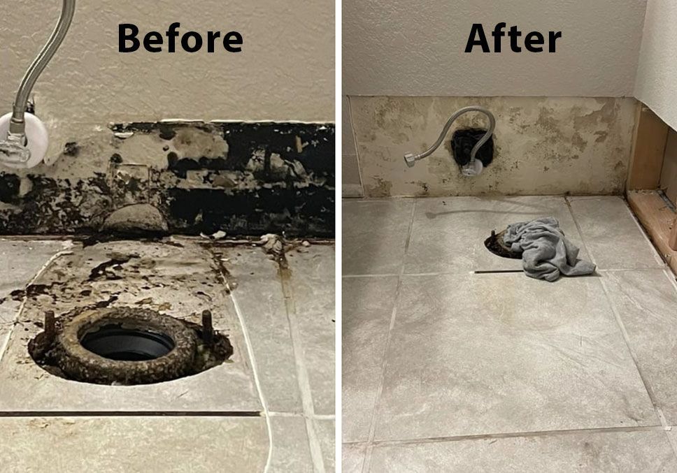 Split view of a dirty sink area before and after cleaning, with grime removed from wall and floor.
