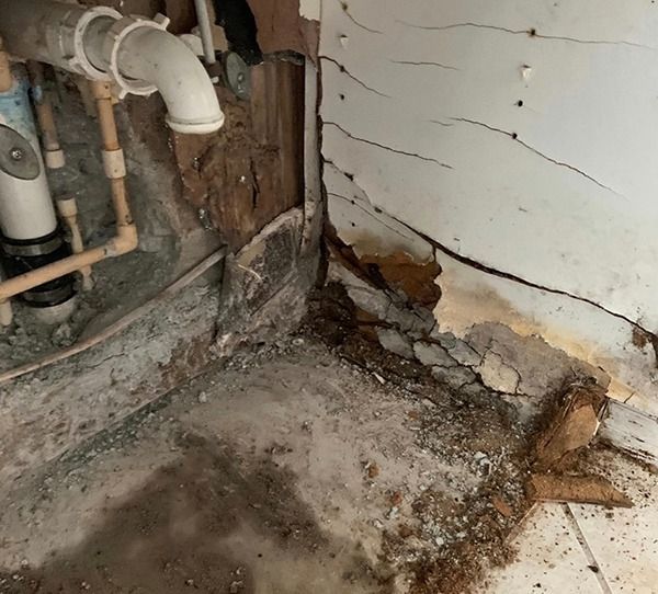 Water-damaged basement corner with peeling wall, exposed pipes, and mold-stained concrete floor