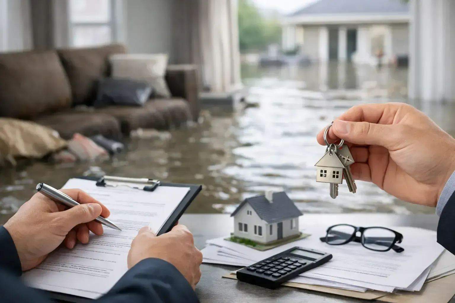 Flooded living room with people reviewing paperwork and holding a house key beside a toy house and calculator