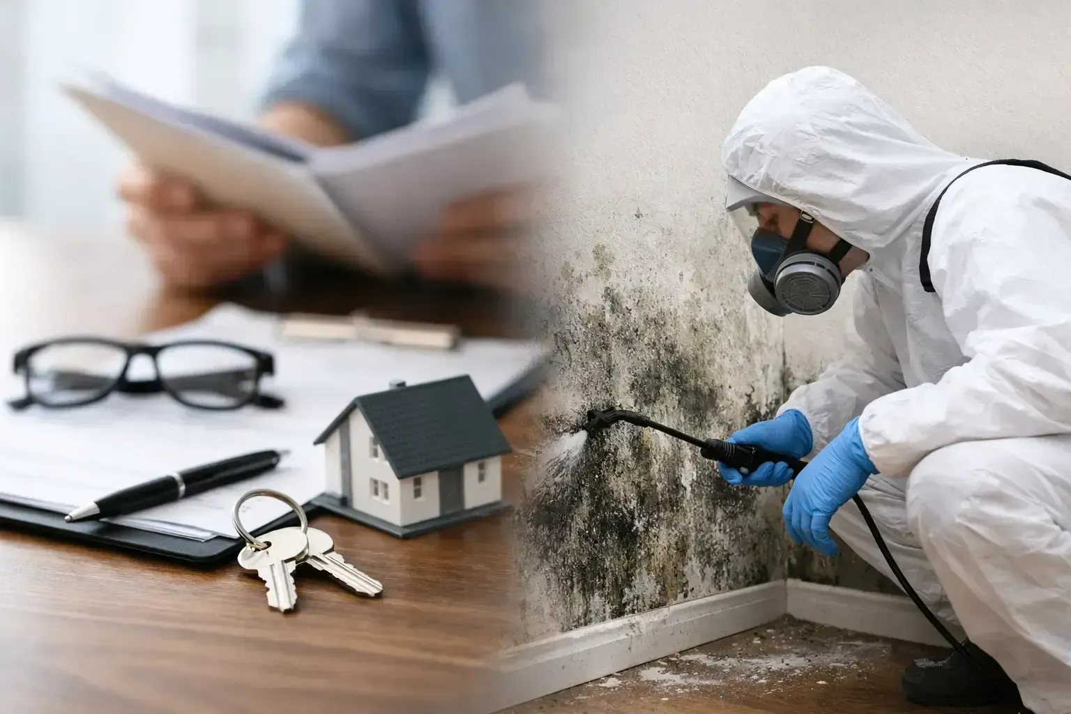 Split scene: house keys and documents beside a mold inspector in a white hazmat suit spraying a wall
