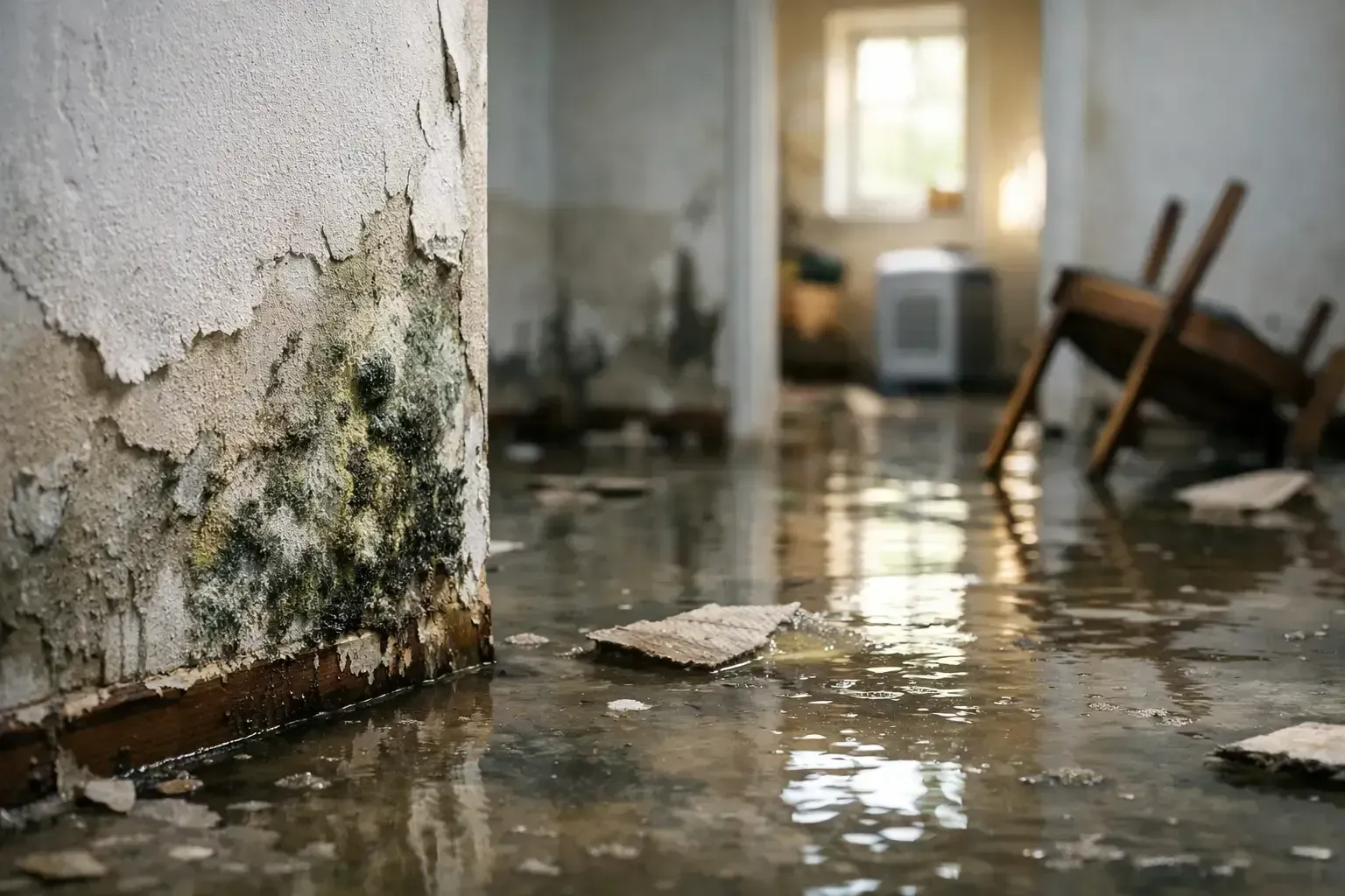 Flooded room with moldy walls, standing water, and overturned chairs near a bright window