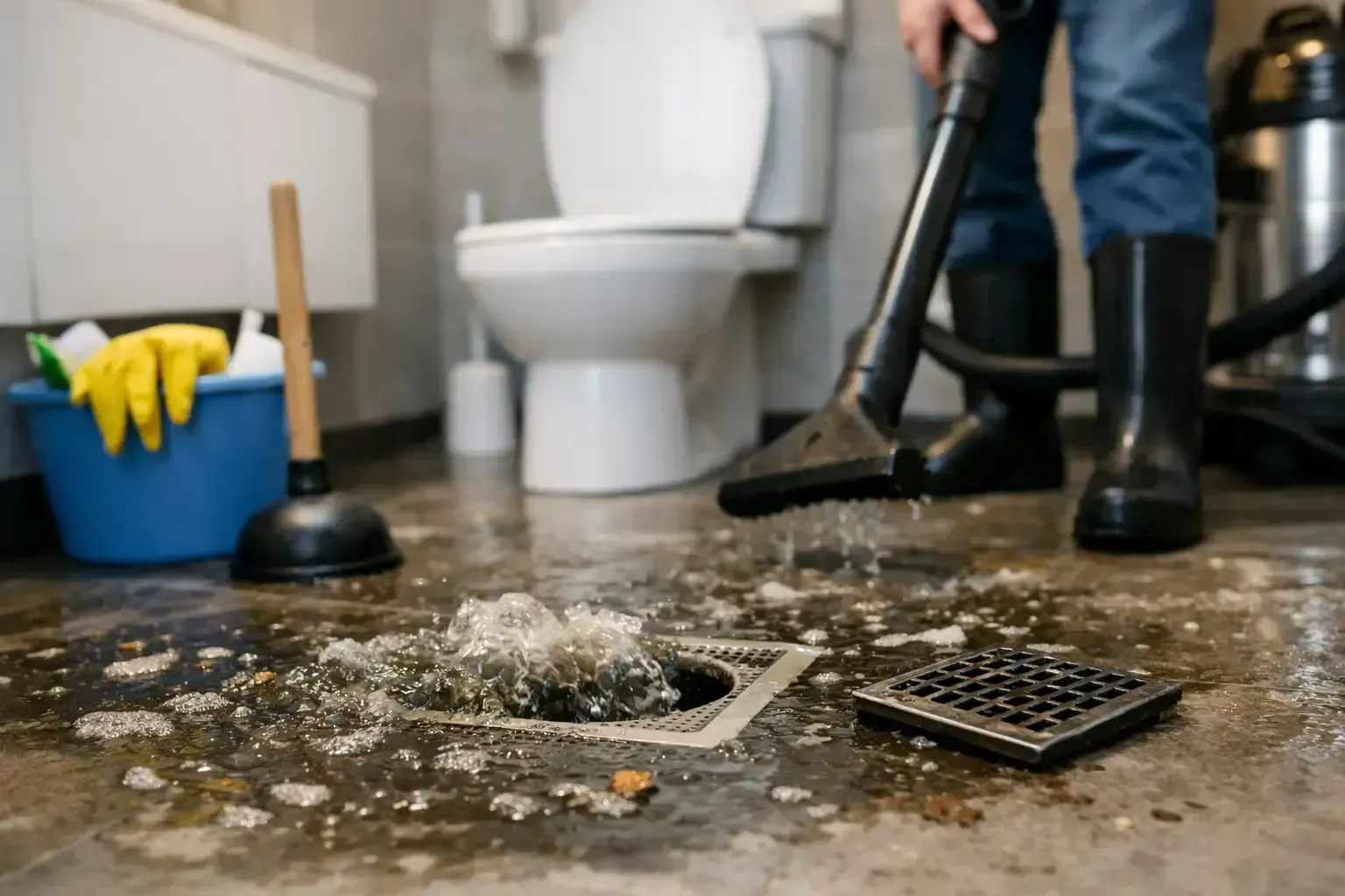Toilet overflow being cleaned with a wet vac and plunger in a bathroom