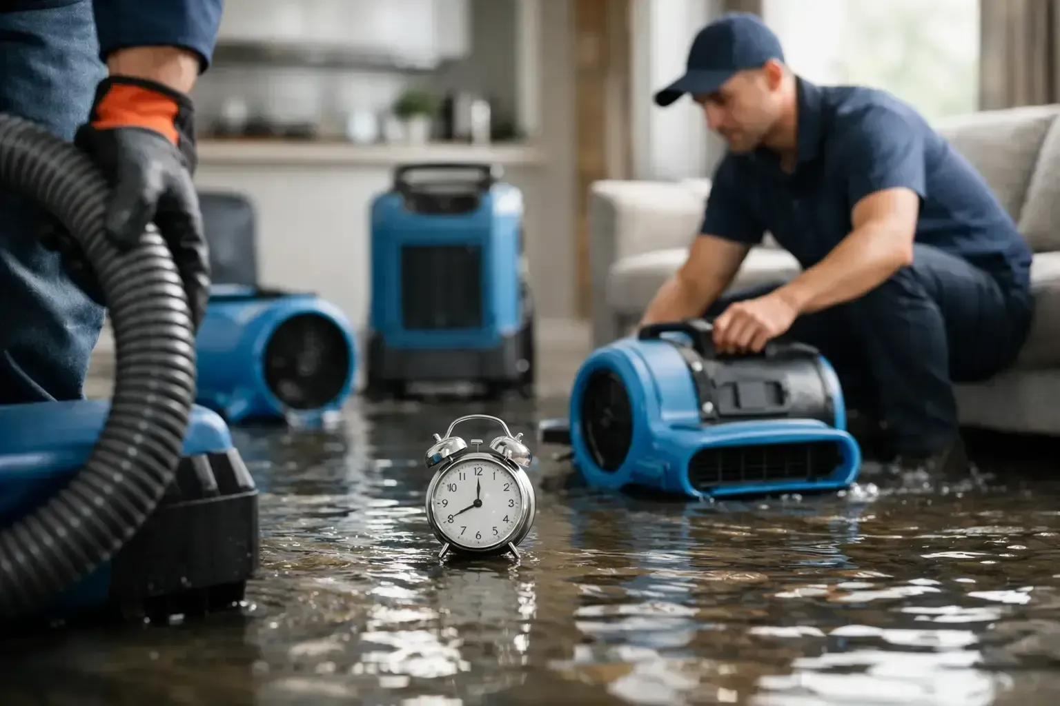 Flooded room with workers using blue wet-dry vacuums around a standing alarm clock