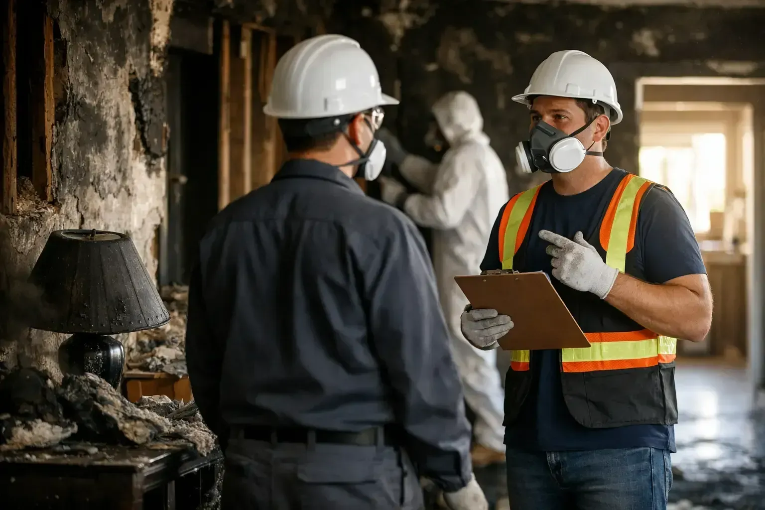 Two workers in hard hats inspect a damaged room, one holding a clipboard and the other facing him.