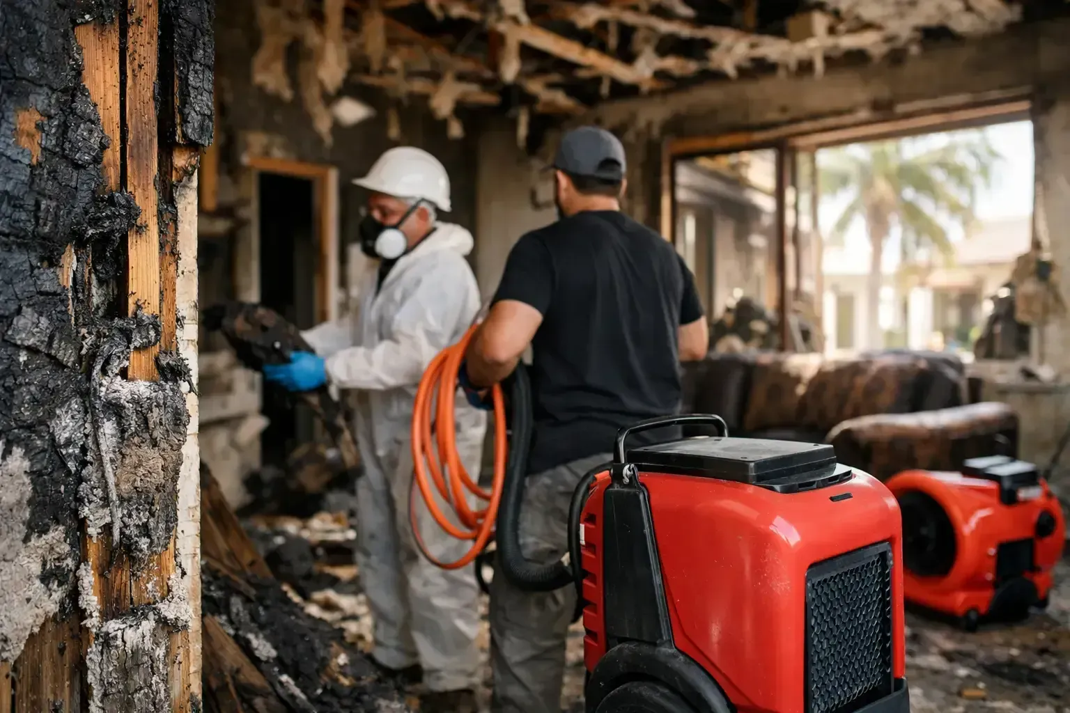 Workers inspecting a fire-damaged building with orange cleanup equipment and hoses